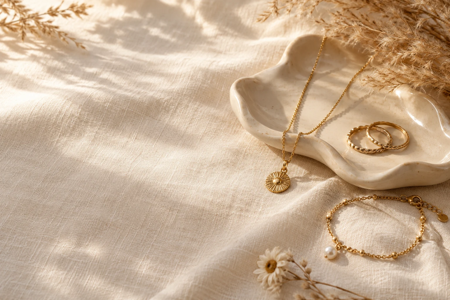 Collier soleil, bagues et bracelet dorés sur du lin crème, entourés de pampas